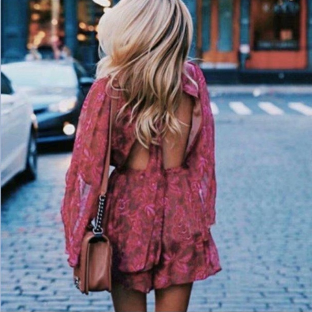 Red Floral Print Backless Tie Neck Bohemian Romper